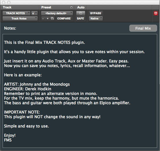Final Mix Track Notes III